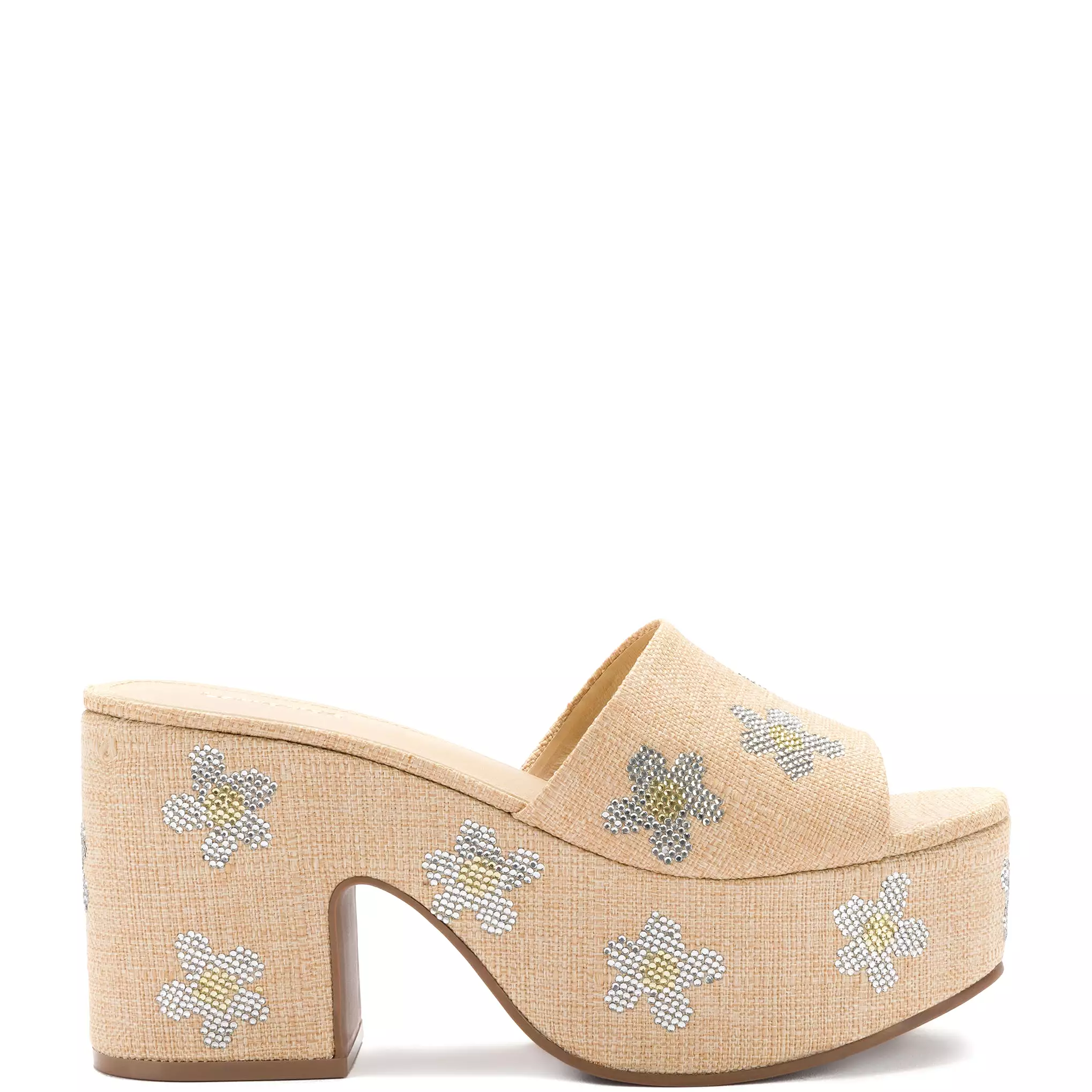 Miso Platform Sandal In Beige Raffia and Floral Crystals