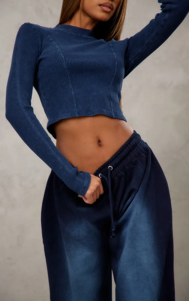 Navy Ombre Washed High Waisted Wide Leg Joggers