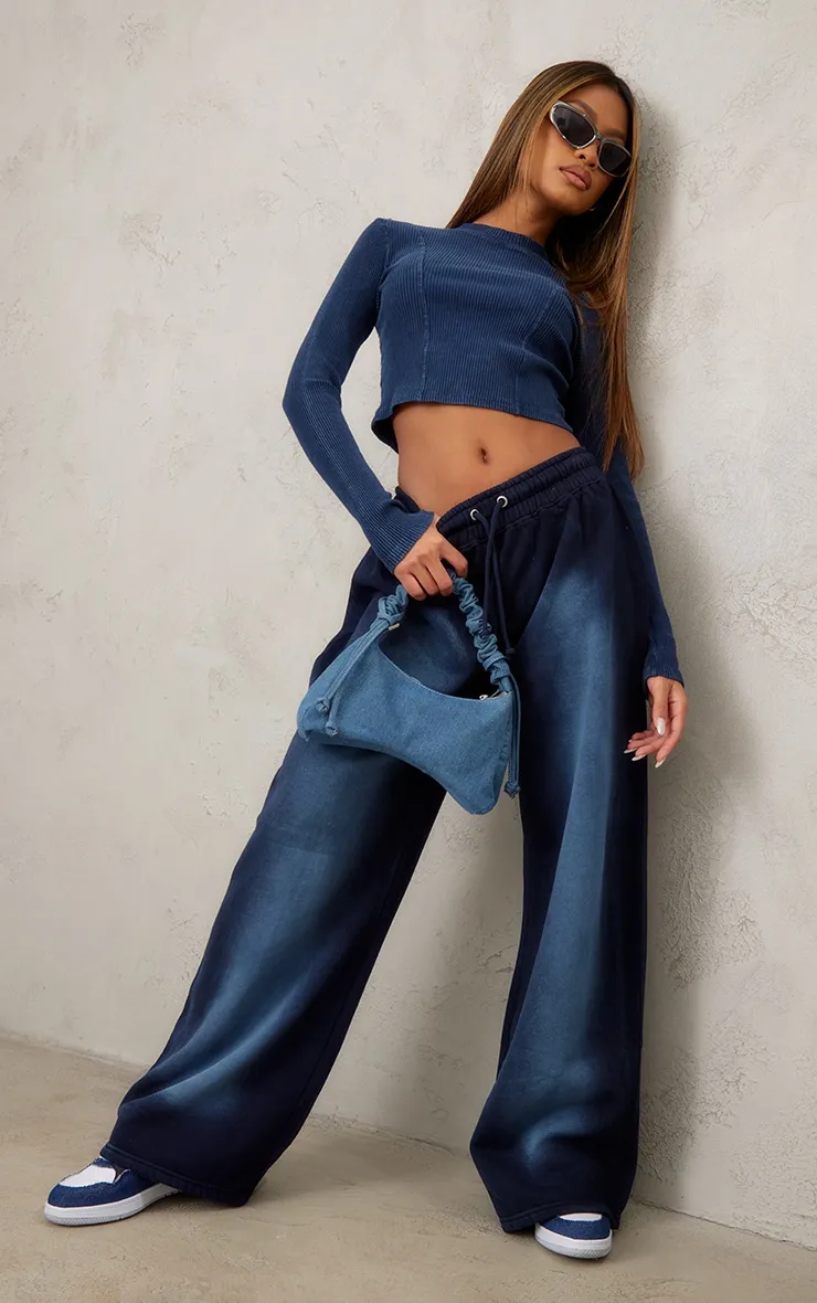 Navy Ombre Washed High Waisted Wide Leg Joggers