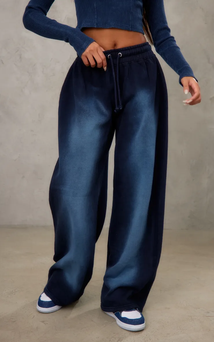 Navy Ombre Washed High Waisted Wide Leg Joggers