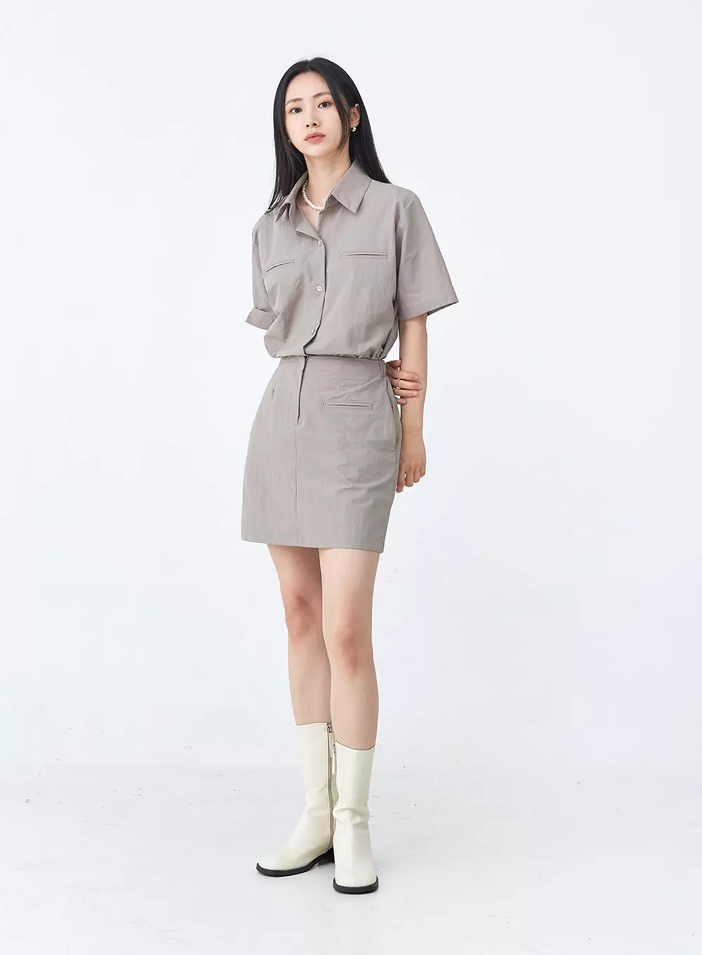 Nylon Set-up Skirt with Fake Pocket UU1407