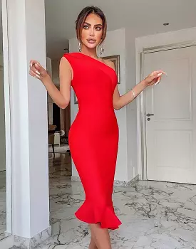 One Shoulder Flared Bandage Dress In Red