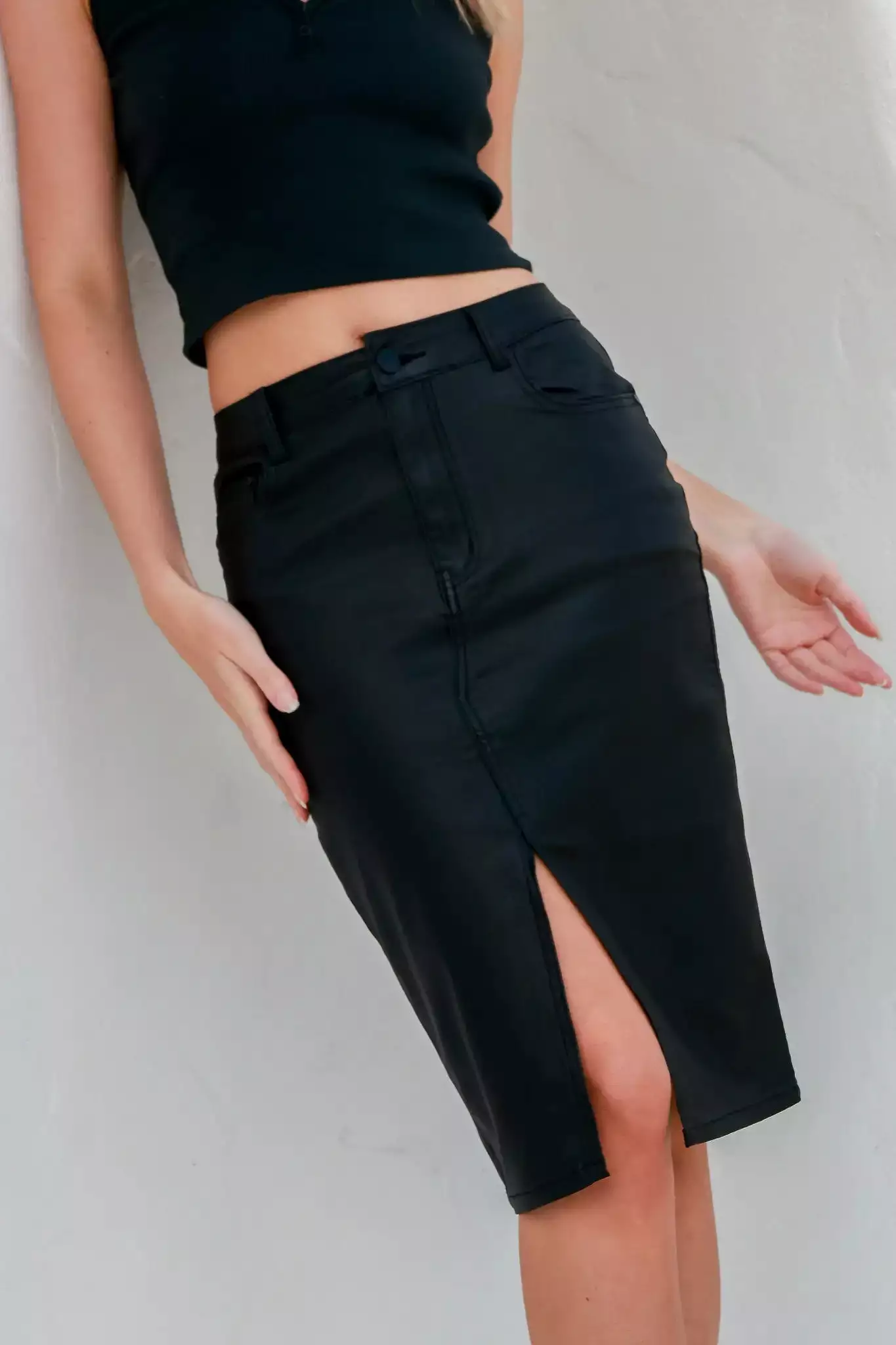 Rissie Wax Denim Midi Skirt Black