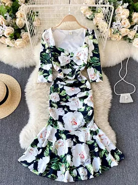 Sexy Low Collar Flower Printed Mermaid Party Dress Women Elegant Square Collar High Waist Bodycon Vestidos Female Spring Autumn 