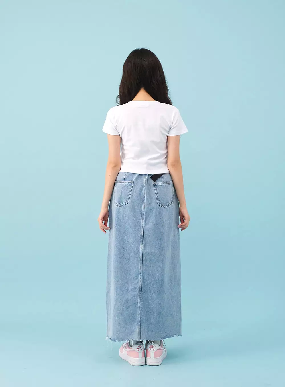 Side Slit Belted Denim Maxi Skirt BJ08