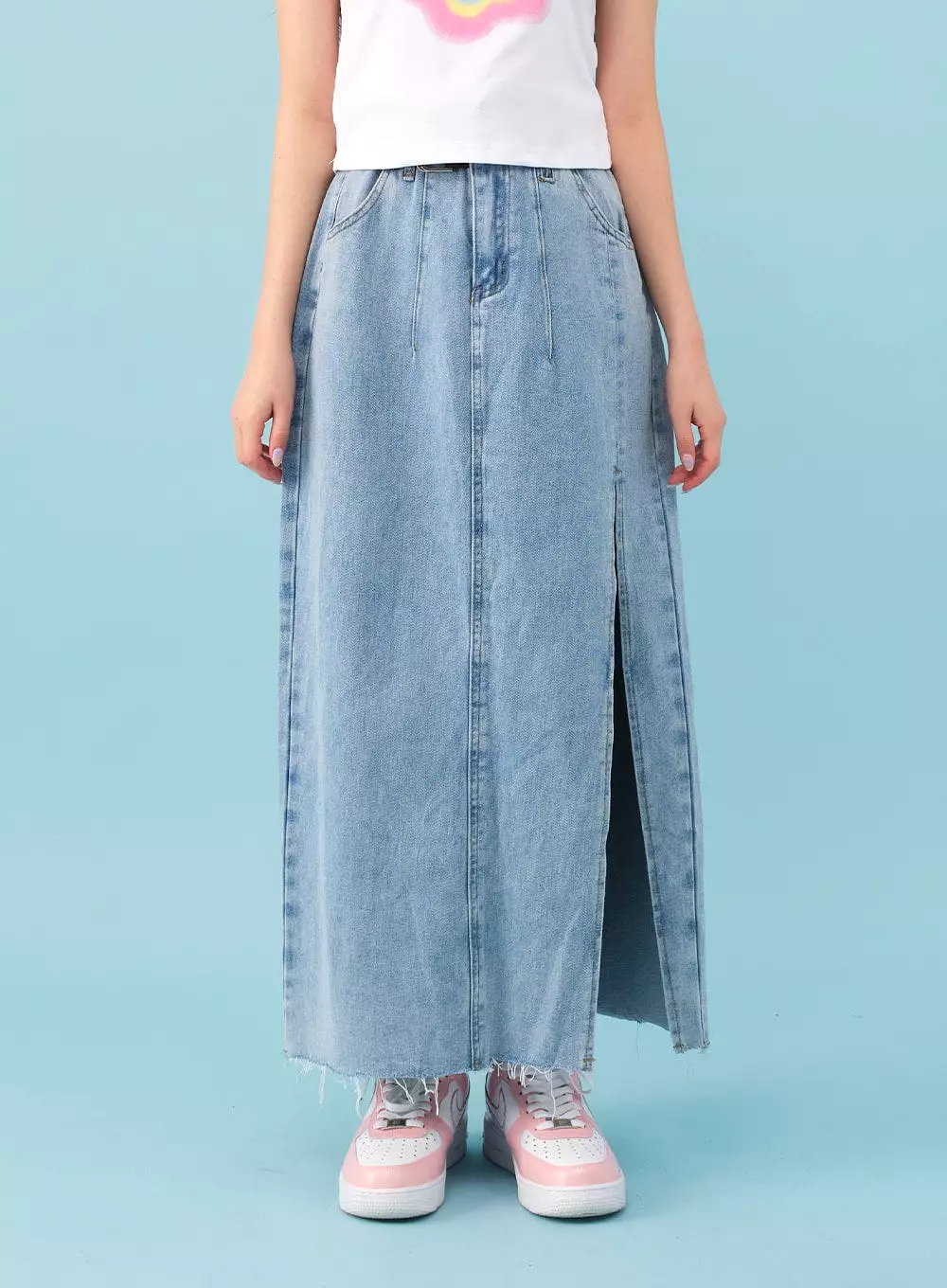 Side Slit Belted Denim Maxi Skirt BJ08