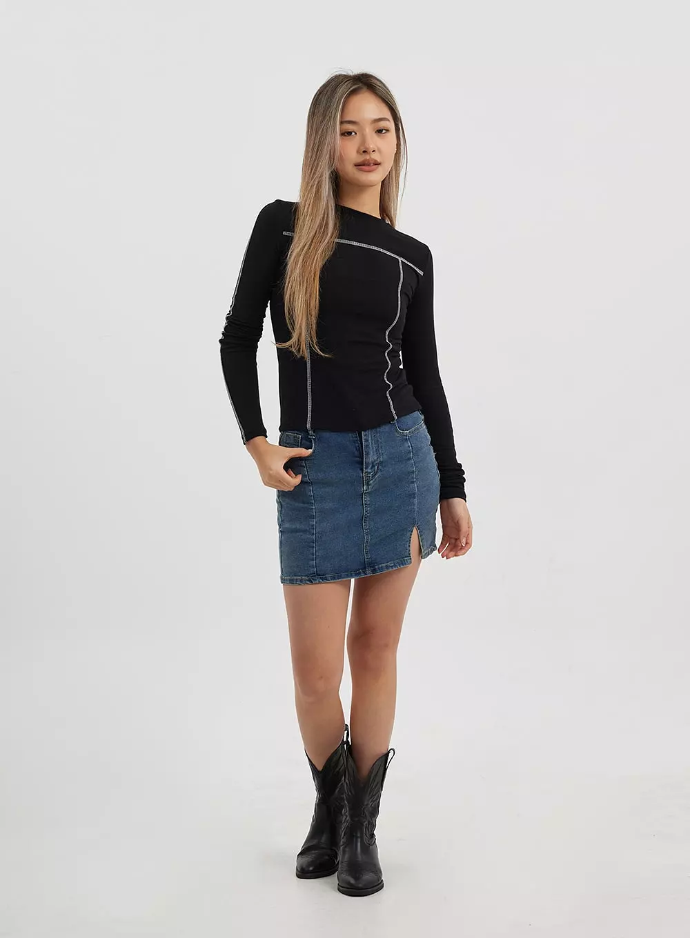 Side Slit Denim Mini Skirt CJ325