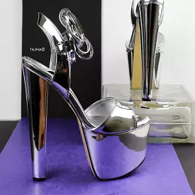 Silver Mirror Metallic Chunky Heel Sandals