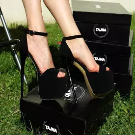 Single Strap Black Suede Platform Sandals