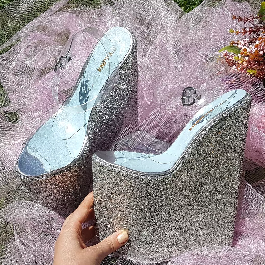 Transparent Strap Silver Platform Wedge Mules 21 cm