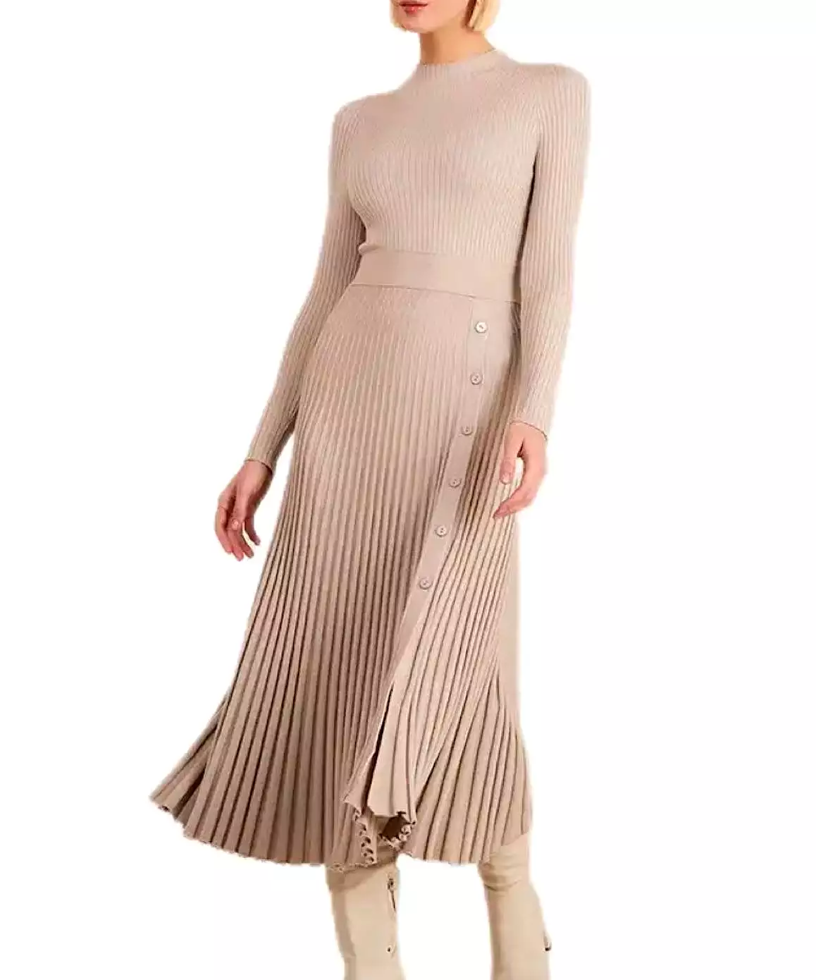 Turtleneck Stripe Knit Button Slit Dress