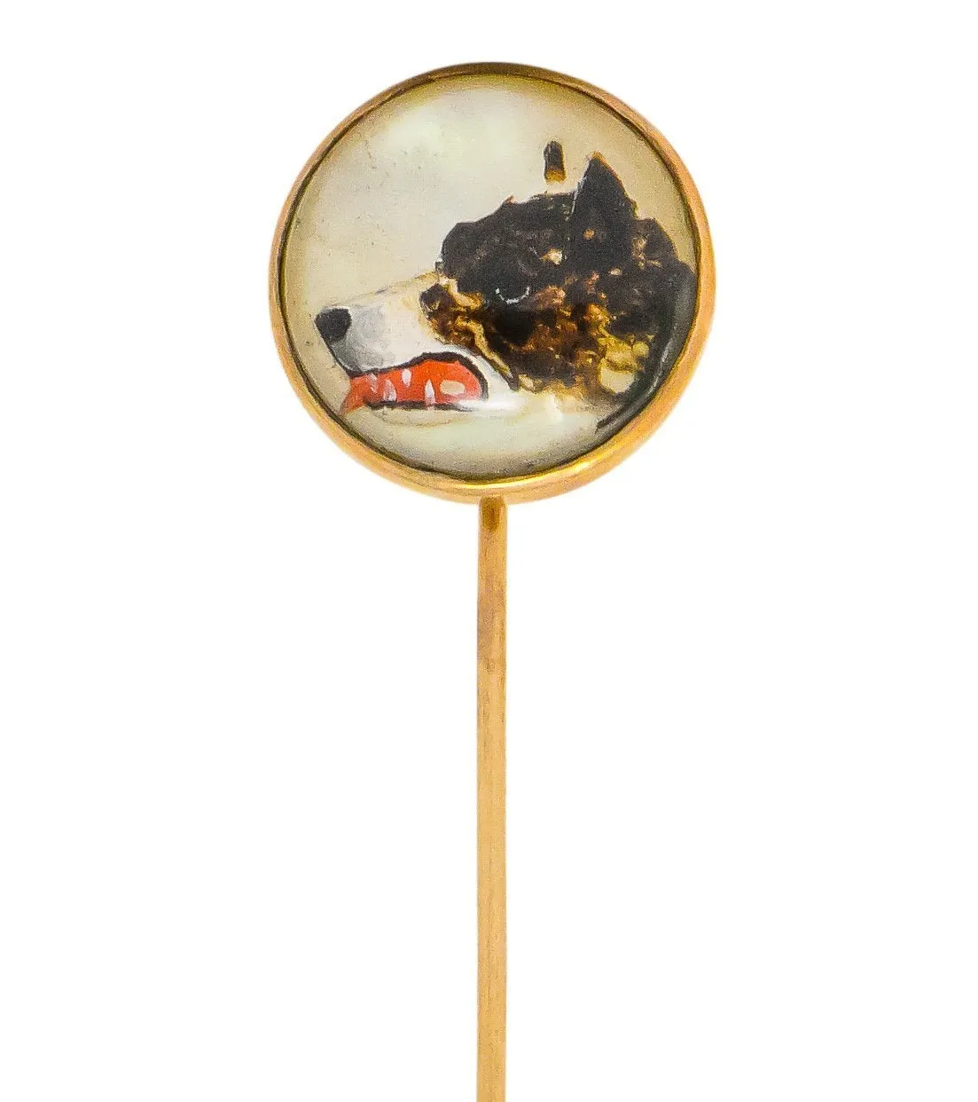 Victorian Mother of Pearl Painted Reverse Carved Rock Crystal 14 Karat Gold Dog Stickpin