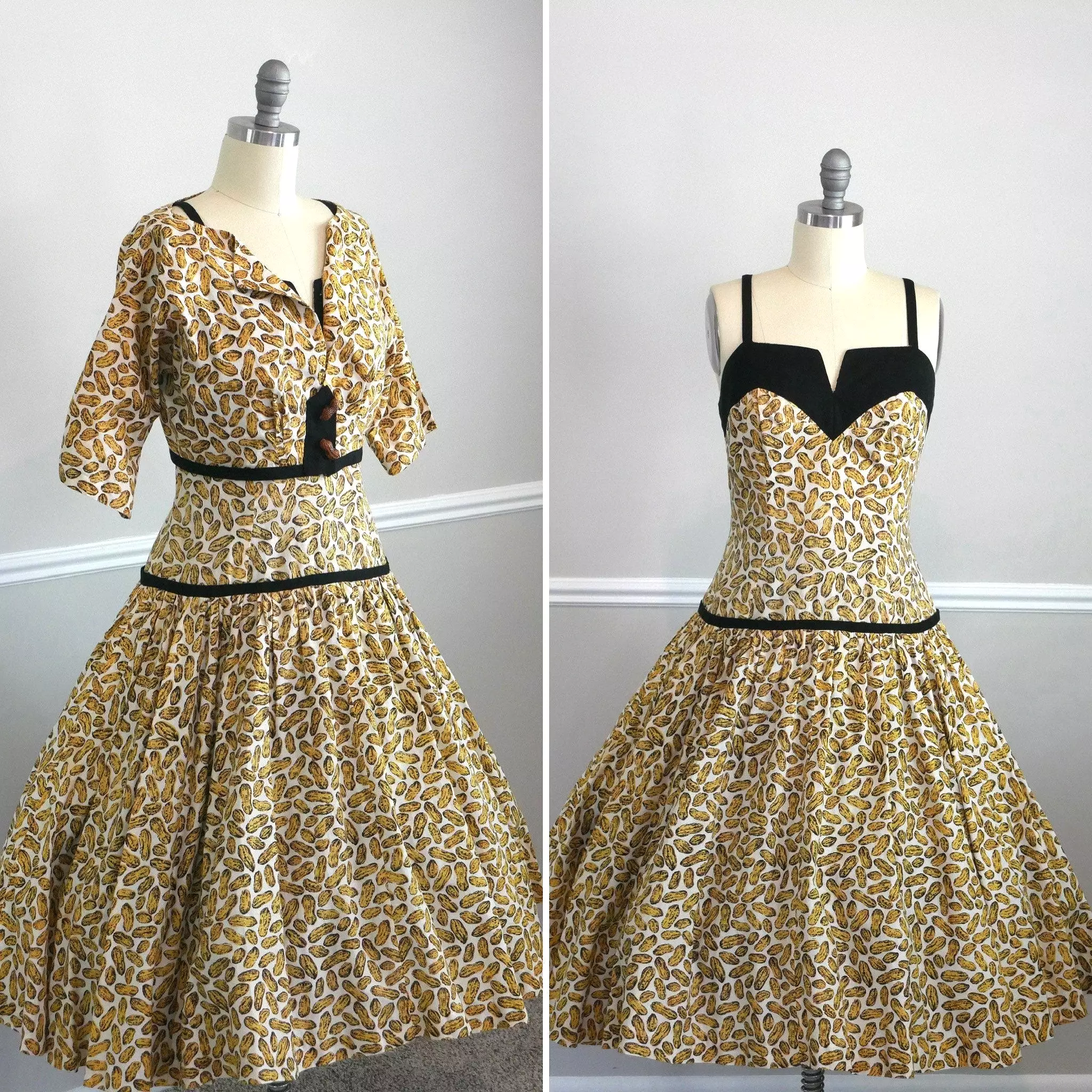 Vintage 1950s Sundress and Bolero Set / 1950s full dress / 50s retro novelty print peanut print dress fit and flare full skirt s