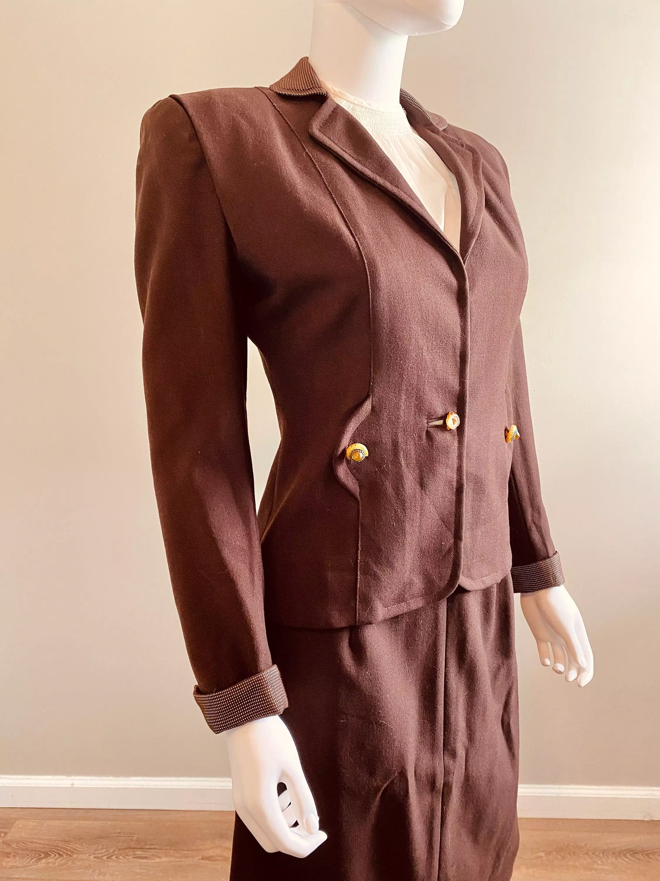 Vintage Late 1930s Brown Wool Gaberdine Skirt Suit / 30s Suit / Size S