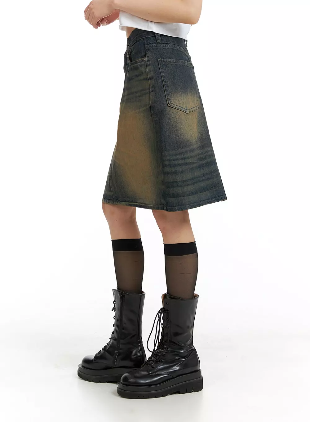 Vintage Washed Midi Denim Skirt CM413