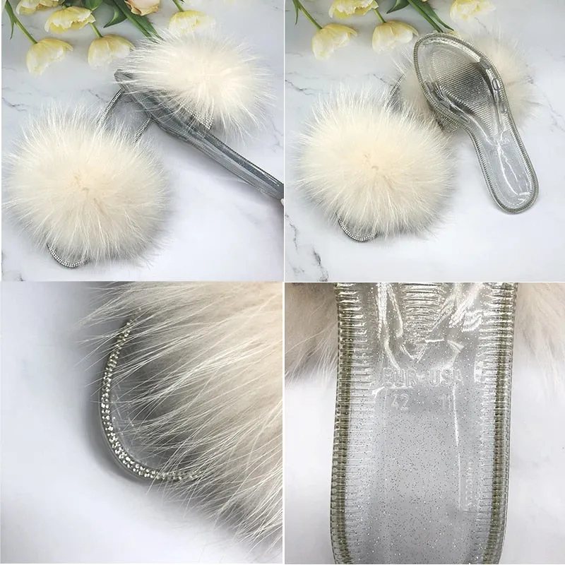 Women's Real Fur Transparent Fluffy Slides Flip-Flop House Slippers