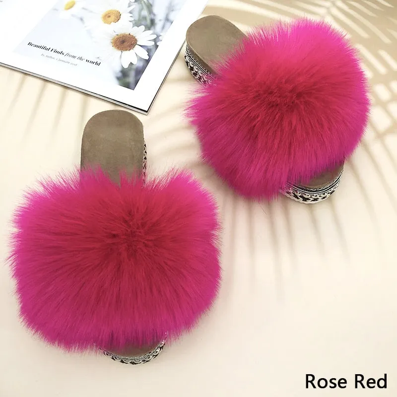 Women's Rose Red Luxury Synthetic Fur Rivet Platform House Slippers