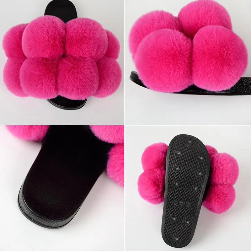 Women's Slides Synthetic Fur Fluffy Flip Flop Slide Indoor Big Flat Slippers