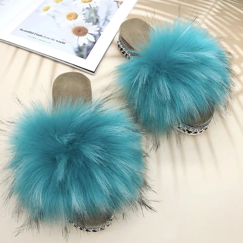 Women's Summer Lake Blue Synthetic Fur Rivet Platform House Slippers