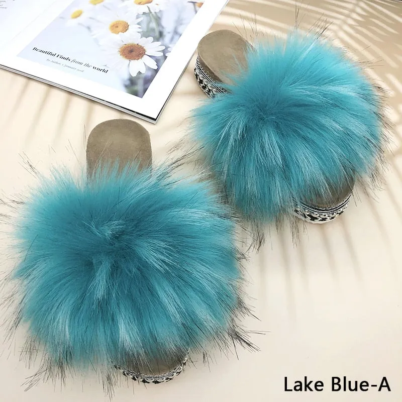 Women's Summer Lake Blue Synthetic Fur Rivet Platform House Slippers