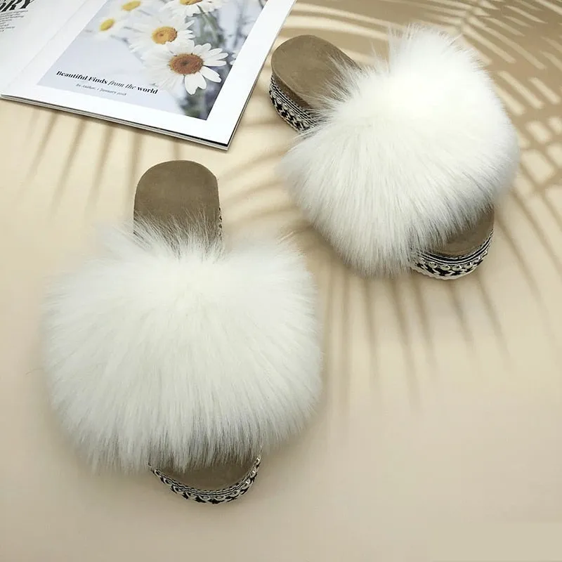 Women's Summer White Color Synthetic Fur Rivet Platform House Slippers